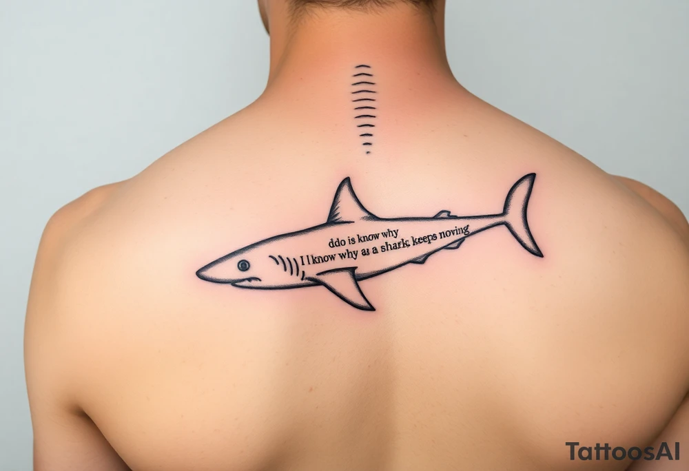 Small Whale shark on back by spine with the words “do you know why a shark keeps moving”wrapped around the shark tattoo idea