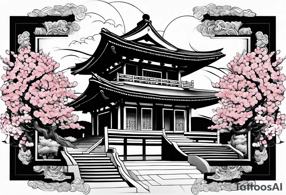Japanese temple with cherry blossom leaves surrounding tattoo idea