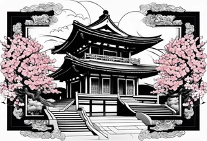 Japanese temple with cherry blossom leaves surrounding tattoo idea