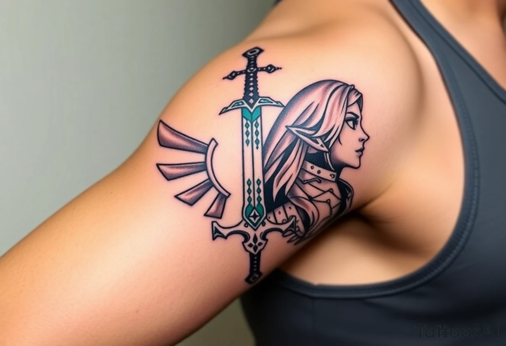 1. Theme: The Legend of Zelda: specifically Link and Zelda
2. Placement: Left Upper Arm
3. Style: Breath of the Wild (in color)
4. Elements to include: Master Sword in center facing up (handle at the bottom), with triforce symbol at the bottom of the blade), Link‘s face on one side, looking away from the sword, Zelda on the other side of the sword, looking in the other direction
5. size: full upper arm covered tattoo idea