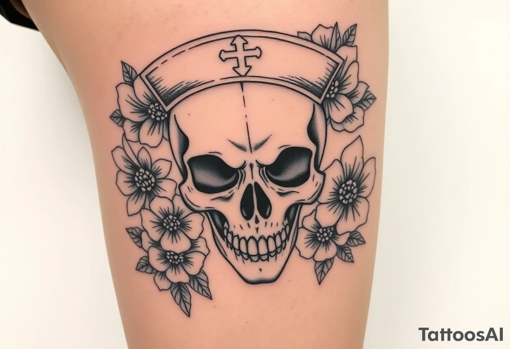 Skull nurse with flower’s and honey combs background tattoo idea