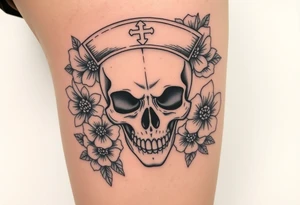 Skull nurse with flower’s and honey combs background tattoo idea