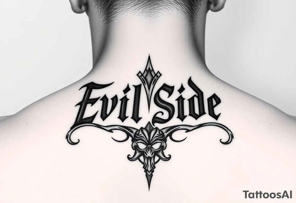 Bold cover up saying Evil Side from ear to ear on front of neck black and white tattoo idea