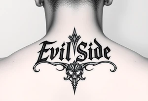 Bold cover up saying Evil Side from ear to ear on front of neck black and white tattoo idea