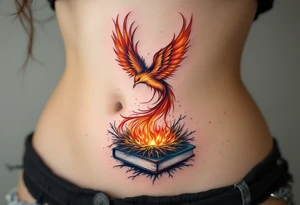 Phoenix rising from nest of burnt books tattoo idea