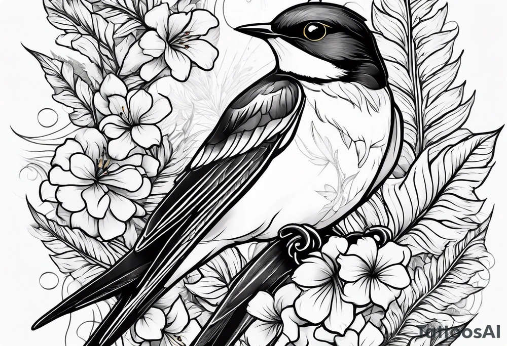 Swallow birds and floral background with ferns tattoo idea