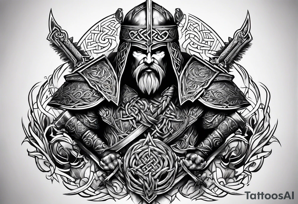 Medial view Celtic warrior weapons unsheathed tattoo idea