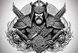Medial view Celtic warrior weapons unsheathed tattoo idea