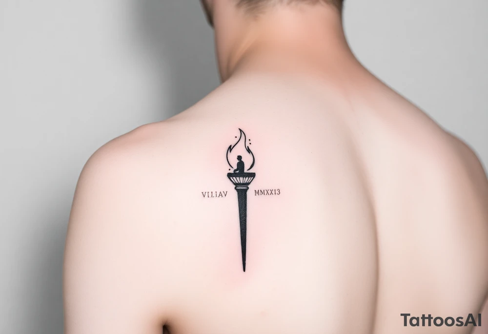 Black-ink forearm tattoo of an abstract torch representing a father’s legacy passed to his son. Torch flame is minimalistic lines and particle flow, fragmented at the base (father’s unfinished work) and bright/solid at the top (son continuing the legacy). Subtle abstract figure of father integrated at the top as if guiding or cheering. Include date VI·IV·MMXXIII hidden in linework and optional phrase “Building what he couldn’t”. Clean, vertical layout, minimalistic, fine-line, black ink only, emotionally resonant. tattoo idea