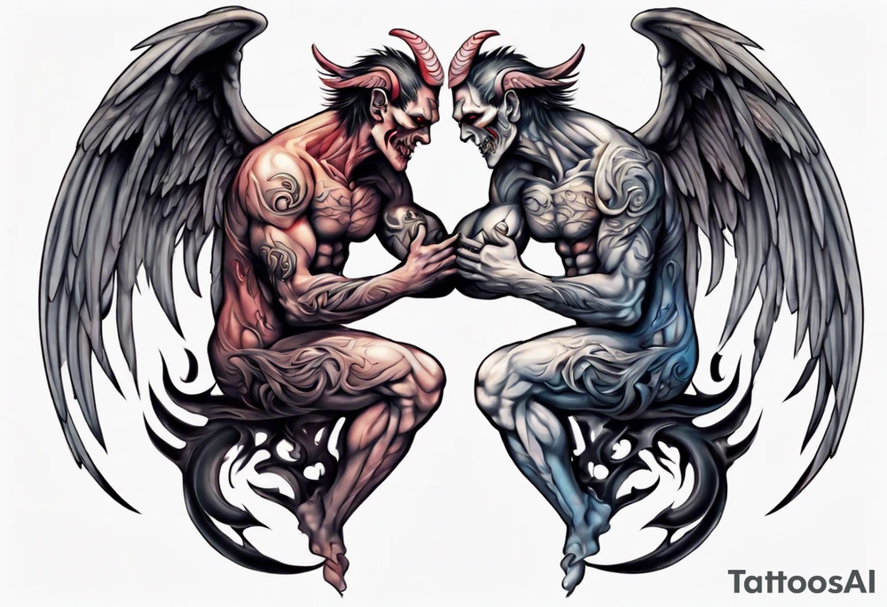 Demon and angel hugging each other tattoo idea