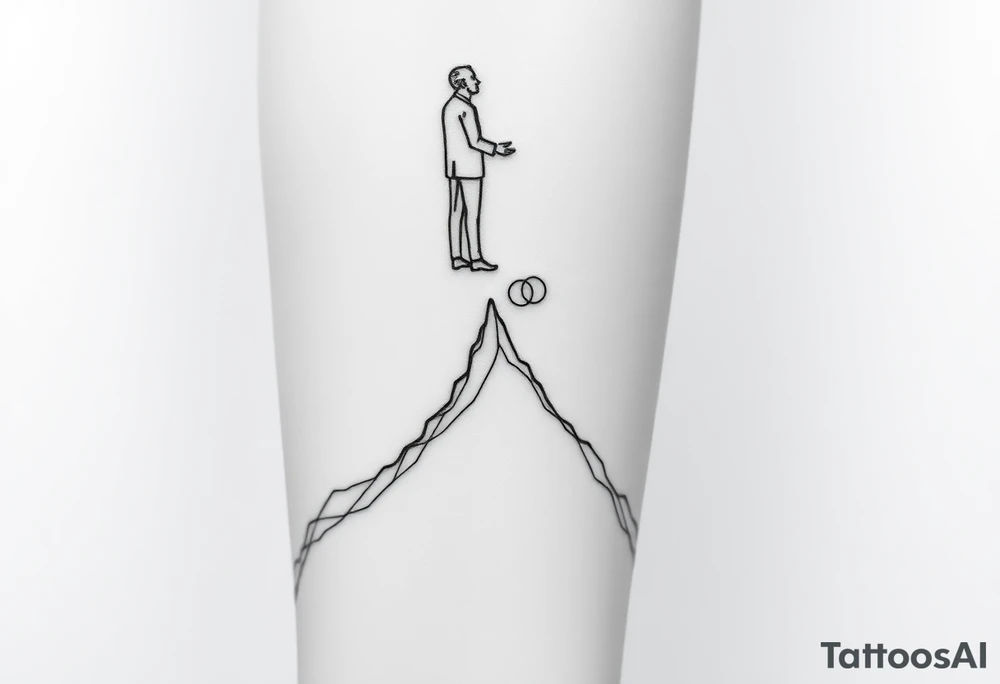 Black-ink forearm tattoo design symbolizing father and son, legacy, and continuation of unfinished dreams. Central element: a rising, flowing abstract line or path that starts fragmented at the bottom (representing the father’s unfinished life/work) and becomes solid and ascending toward the top (symbolizing the son carrying the legacy forward). Above the path, a subtle, ethereal outline of the father’s figure, abstract and composed of fine black lines and geometric fragments, watching proudly over the rising line, hand or energy reaching down as if cheering him on. Include two interlocking circular shapes along the path to symbolize their bond and the transfer of legacy. Hidden within the lines, integrate the Roman numerals “VI·IV·MMXXIII” in a subtle, elegant way. Style: minimalistic black ink, fine-line, geometric abstraction with emotional depth, clean composition for forearm placement, focus on symbolism, connection, guidance, and transcendence. tattoo idea