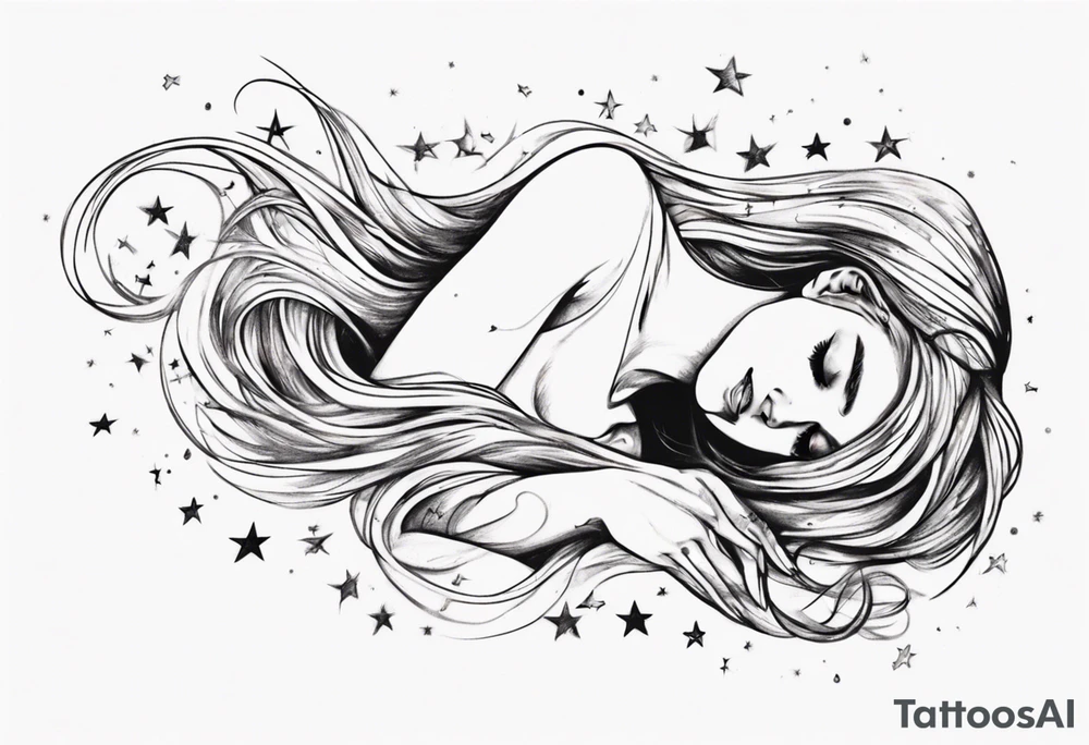 woman laying on her right side with her hair long and slowly fades into stars tattoo idea