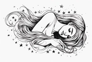 woman laying on her right side with her hair long and slowly fades into stars tattoo idea