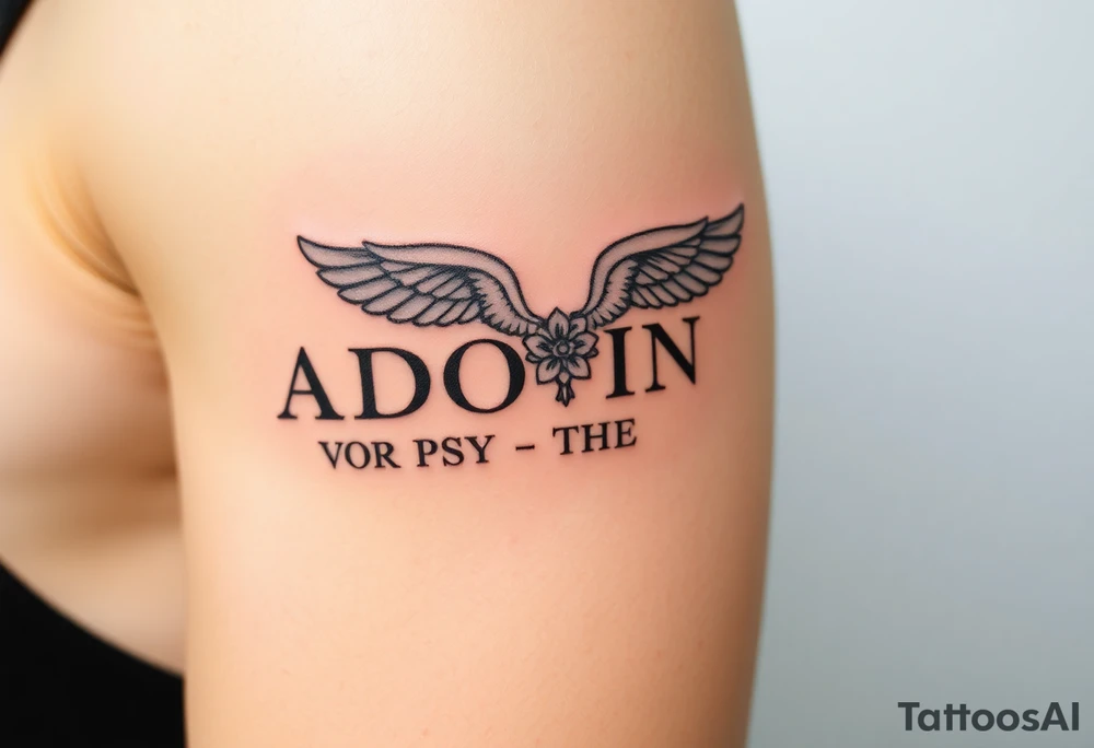 vertical Adonis over Psyche tattoo, black line art, outer arm, minimalist Greek letters with wing and flower accents tattoo idea