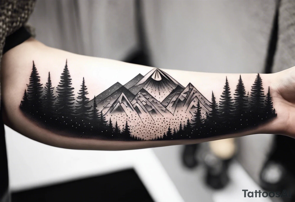Mountain Massif, one Peak, only peak surrounded woth semi circle dashed Line, in semi circle two littel fine Stars, waves overlapping in Side, Open geometrical Forms Like Diamond with Open lines tattoo idea