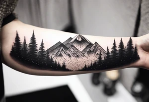 Mountain Massif, one Peak, only peak surrounded woth semi circle dashed Line, in semi circle two littel fine Stars, waves overlapping in Side, Open geometrical Forms Like Diamond with Open lines tattoo idea