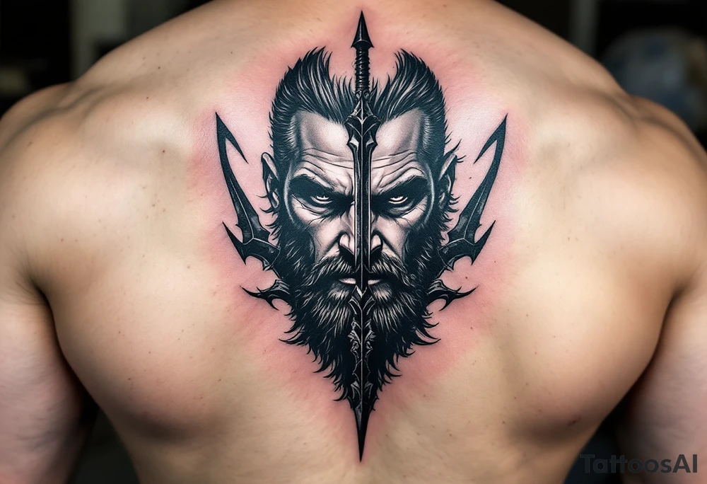 close-up muscular man behind a trident
no beard tattoo idea