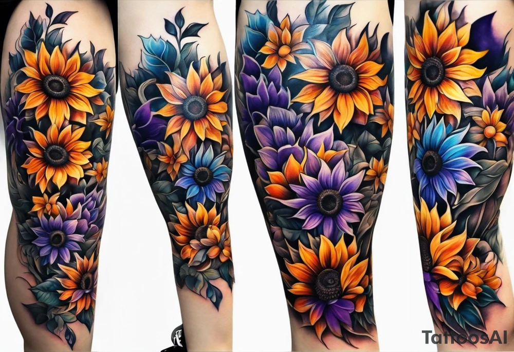 Full leg sleeve with purple, orange and blue sunflowers tattoo idea