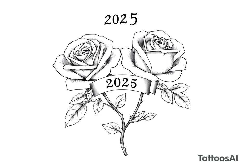 two beautiful large rose buds, one larger than the other, with many leaves and their stems intertwined, with one sitting higher than the other. Include a banner connecting the two roses with "2025" on it.  The word "Rose" written in Kanji above the drawing.  Use dark outlines with little shading. The two stems should connect and join into one stem, whimsically curved or twisted - not straight down. tattoo idea