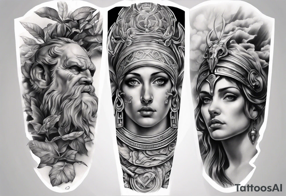 photorealistic greek sleeve tattoo idea