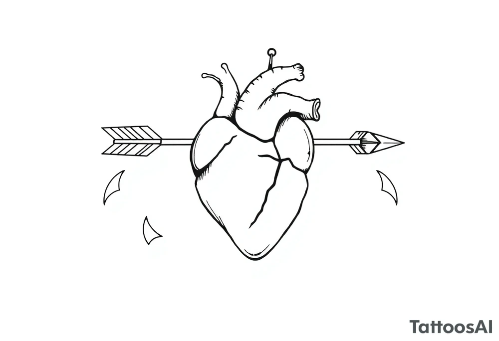 anatomical heart pierced by ornate arrow with flowing ribbons tattoo idea