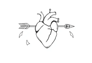 anatomical heart pierced by ornate arrow with flowing ribbons tattoo idea