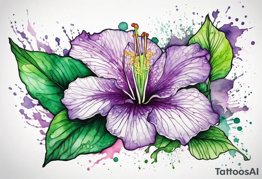 An outline of a green rio dipladenia flower and a purple watercolor splash in the background tattoo idea