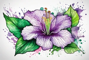 An outline of a green rio dipladenia flower and a purple watercolor splash in the background tattoo idea