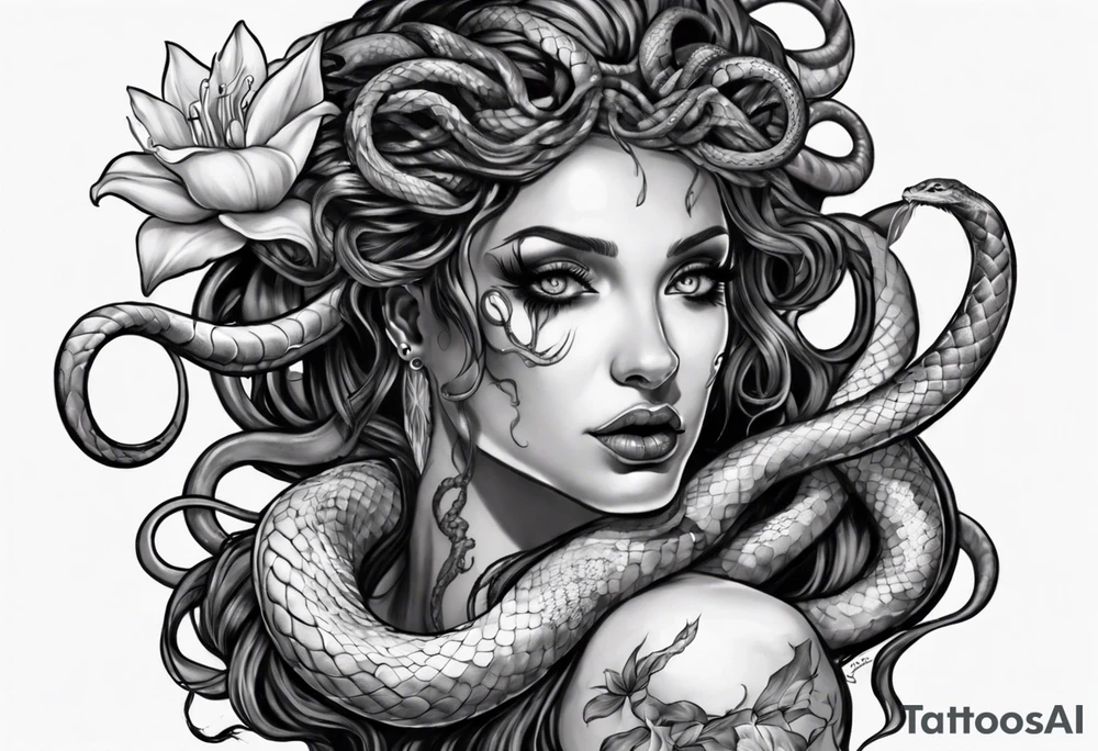 Dark/goth Medusa with white pupils and snake hair. Lilies tattoo idea