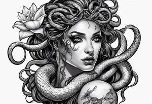 Dark/goth Medusa with white pupils and snake hair. Lilies tattoo idea