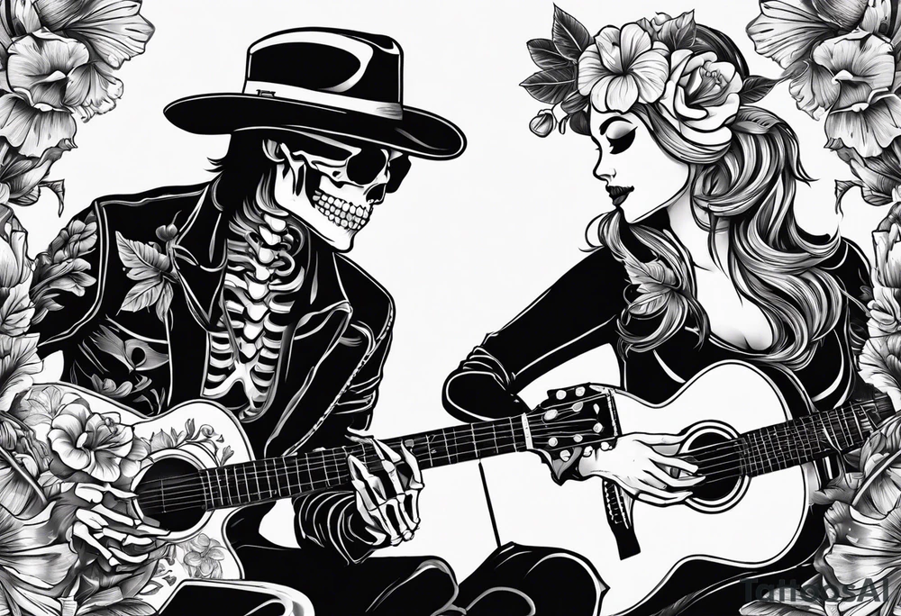a female and male skeleton in love. The female has hibisucs flowers and the male is playing the guitar tattoo idea