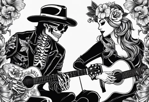 a female and male skeleton in love. The female has hibisucs flowers and the male is playing the guitar tattoo idea