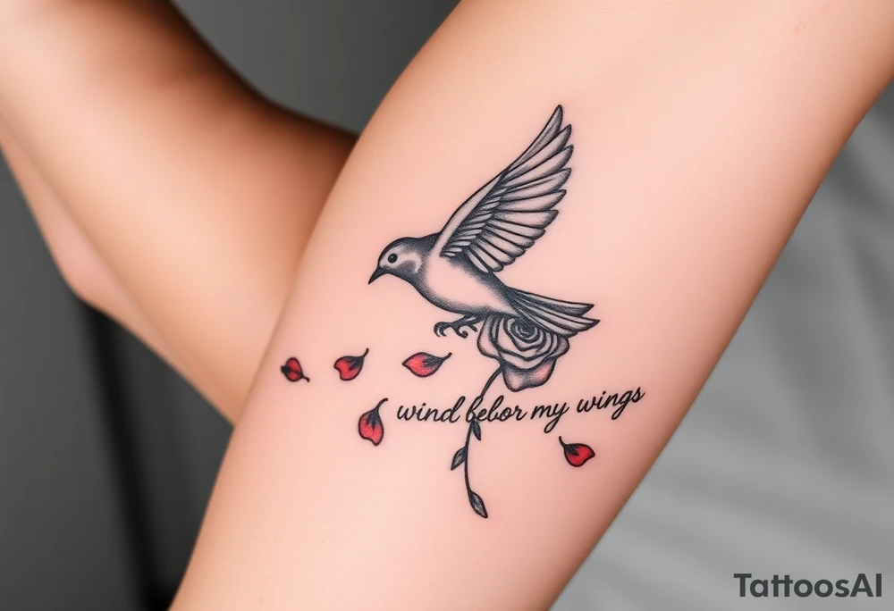 Soaring robin with trail of red rose petals with writing saying wind beneath my wings tattoo idea