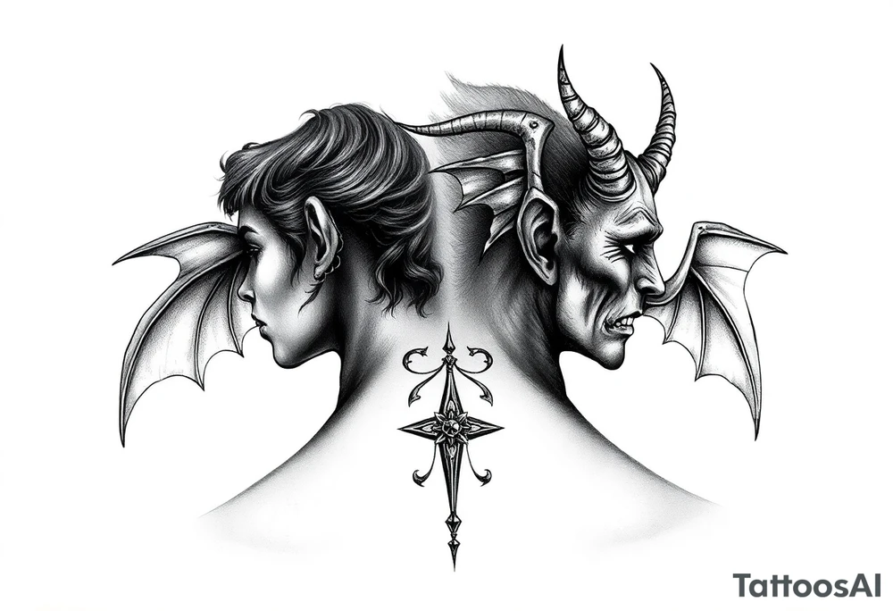 position behind the neck Angel (on the right) whispering in the right ear, demon (on the left) whispering in the left ear tattoo idea
