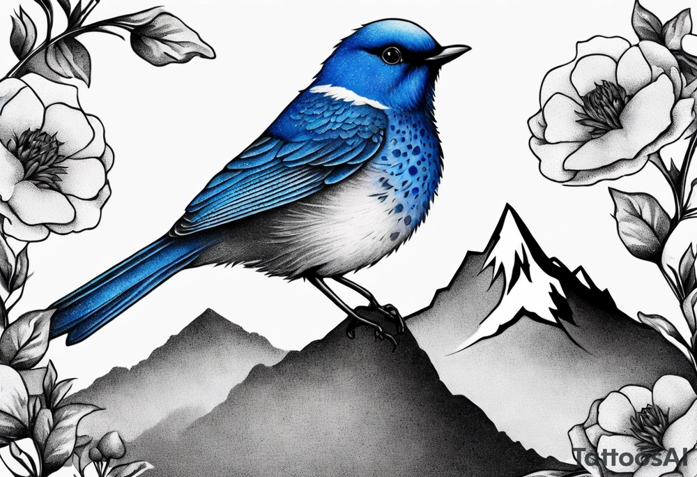 Rocky mountain peak with mountain blue birds flying around and wild prairie roses around tattoo idea