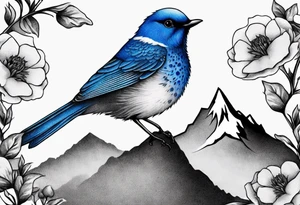 Rocky mountain peak with mountain blue birds flying around and wild prairie roses around tattoo idea