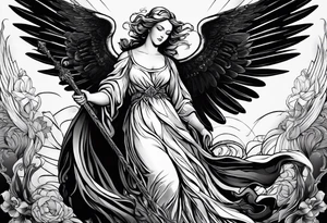 Depict a guardian angel and its malevolent shadow, emphasizing the internal conflict between the desire to do good and the temptation to give in to darker impulses. tattoo idea