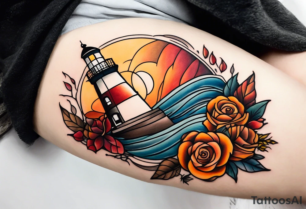 thigh tattoo in fall colors, showing lighthouse, water flow, rocks, sky, clouds, leaves, roses tattoo idea