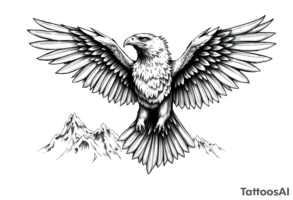 majestic eagle spreading wings against mountain peaks tattoo idea