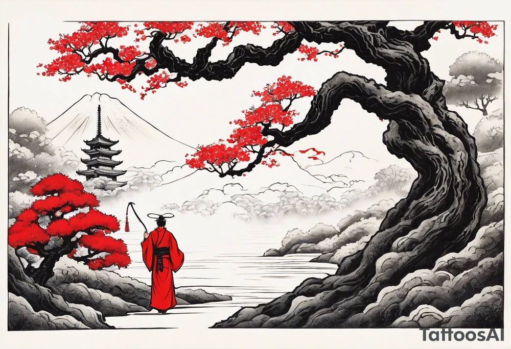 Three of bows.  Robed man in white. Right hand up. Left hand holding a bow. A one red and one white snake intertwining going up the front of the robe. Large oak tree behind him. And two paths going around him and the tree. tattoo idea