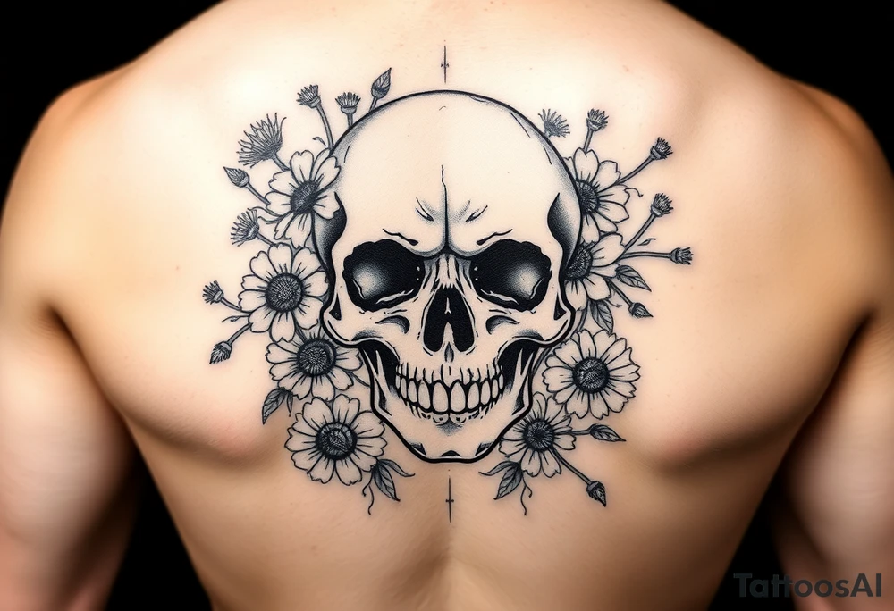 Skull surrounded by honeysuckles and dandelions tattoo idea Skull surrounded by honeysuckles and dandelions tattoo idea