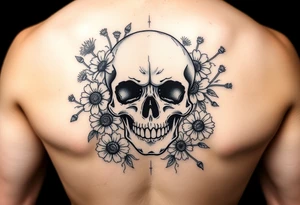 Skull surrounded by honeysuckles and dandelions tattoo idea
