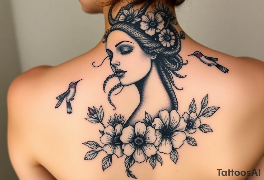 feminine medusa surrounded by hummingbirds and flowers tattoo idea
