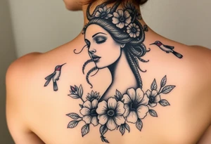 feminine medusa surrounded by hummingbirds and flowers tattoo idea
