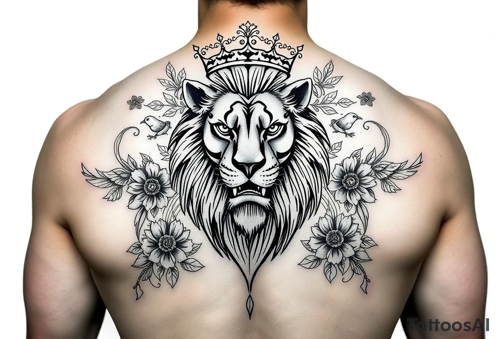 powerful majestic lion with a crown, surrounded by floral ornaments and birds tattoo idea
