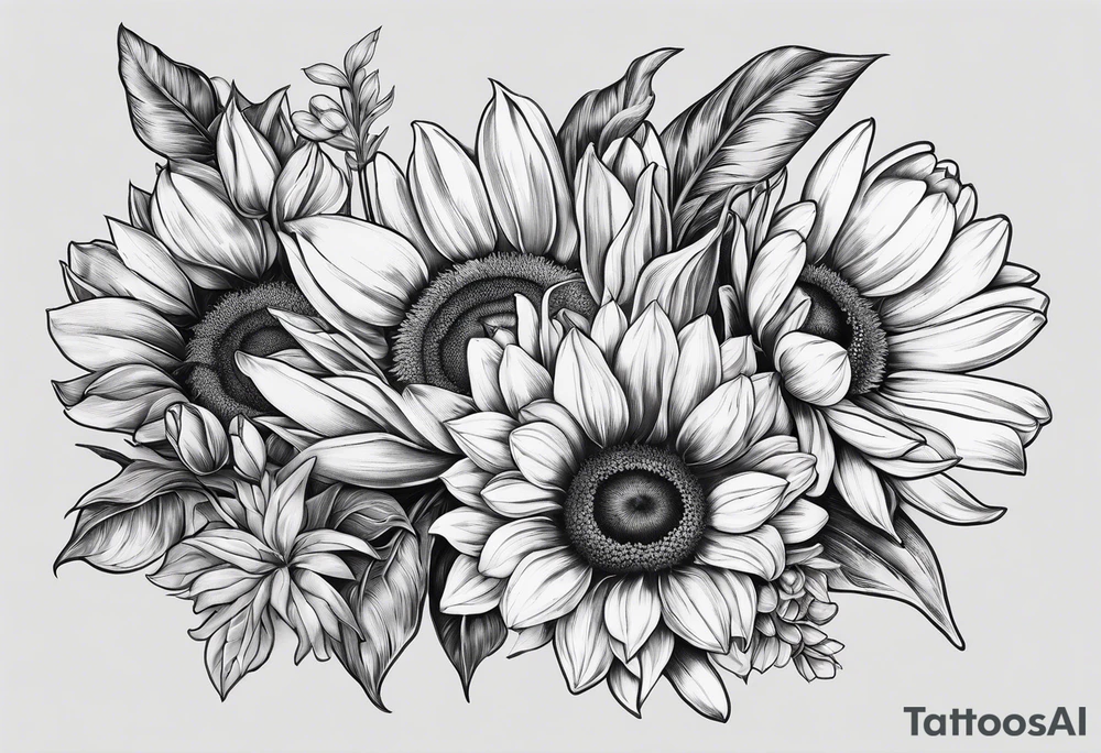 Sunflowers, tulips and forsythia tattoo idea
