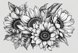 Sunflowers, tulips and forsythia tattoo idea