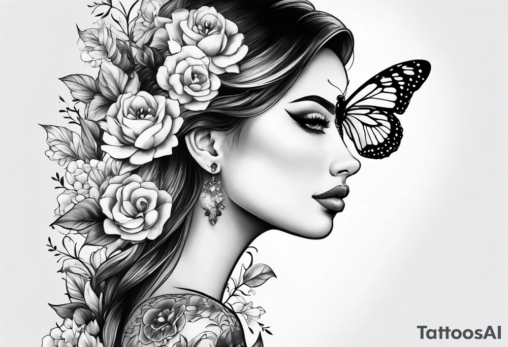 Half face with flowers and butterfly tattoo idea Half face with flowers and butterfly tattoo idea