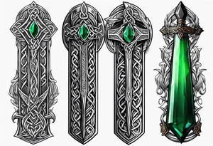 A Celtic dagger with an oak hilt turned upright and emerald gemstones on it tattoo idea
