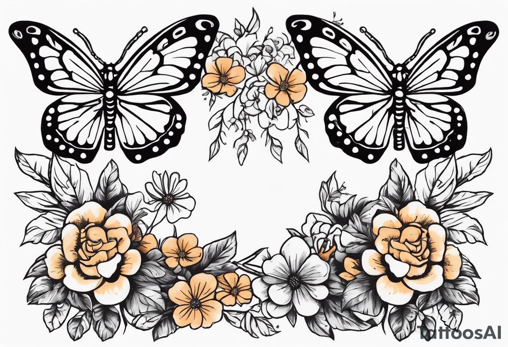 skeleton with body and flowers around it vintage sketch pretty and butterflies tattoo idea